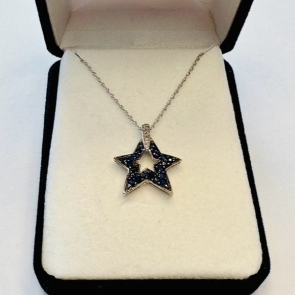 10k White Gold Sapphire and Diamond Star Pendant Necklace ~ 18"